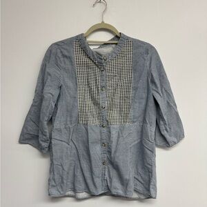 Cottegecore Blue and White Checkered Button-Up Blouse